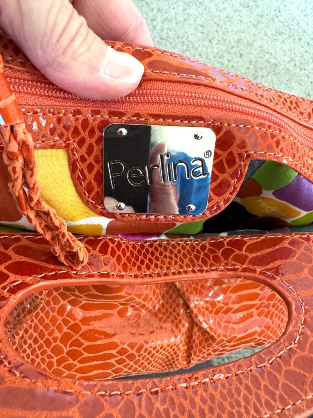 Perlina Croc Embossed Leather Oversize Clutch Bag Orange - Picture 5 of 10